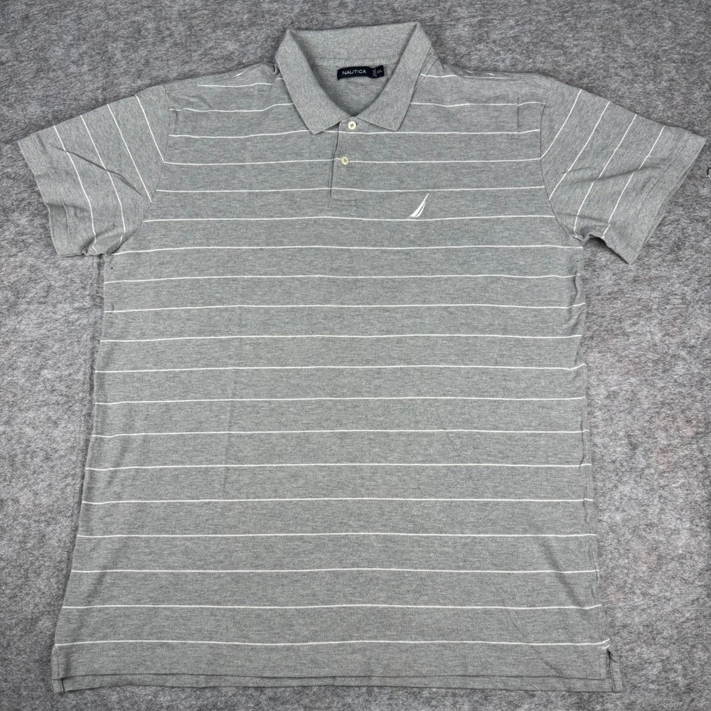 Nautica Mens XXL Grey White‎ Striped Short Sleeve Pique Polo Shirt Cotton Logo